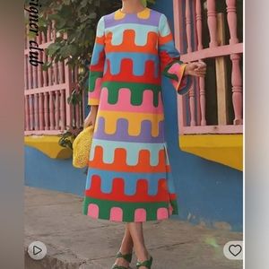 Elegant Rainbow Printed Women's Split Midi Dress
